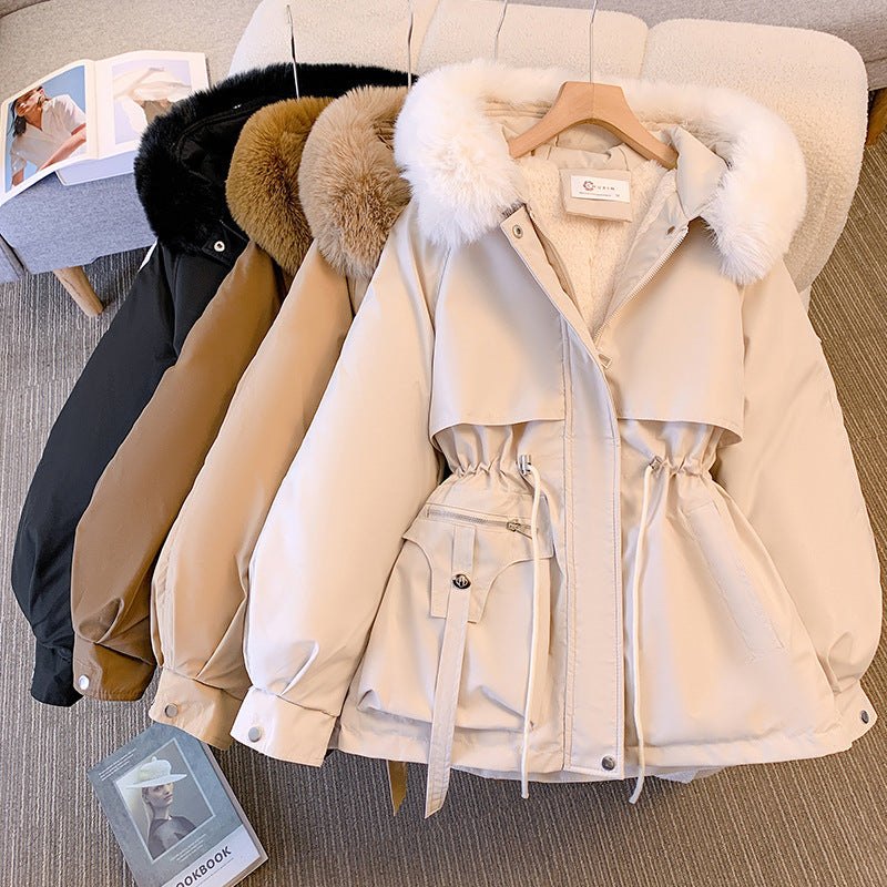Comfortable White Winter Jacket for Women with Hooded Plush Relaxed Fit Layered Style