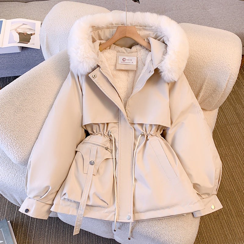 Comfortable White Winter Jacket for Women with Hooded Plush Relaxed Fit Layered Style