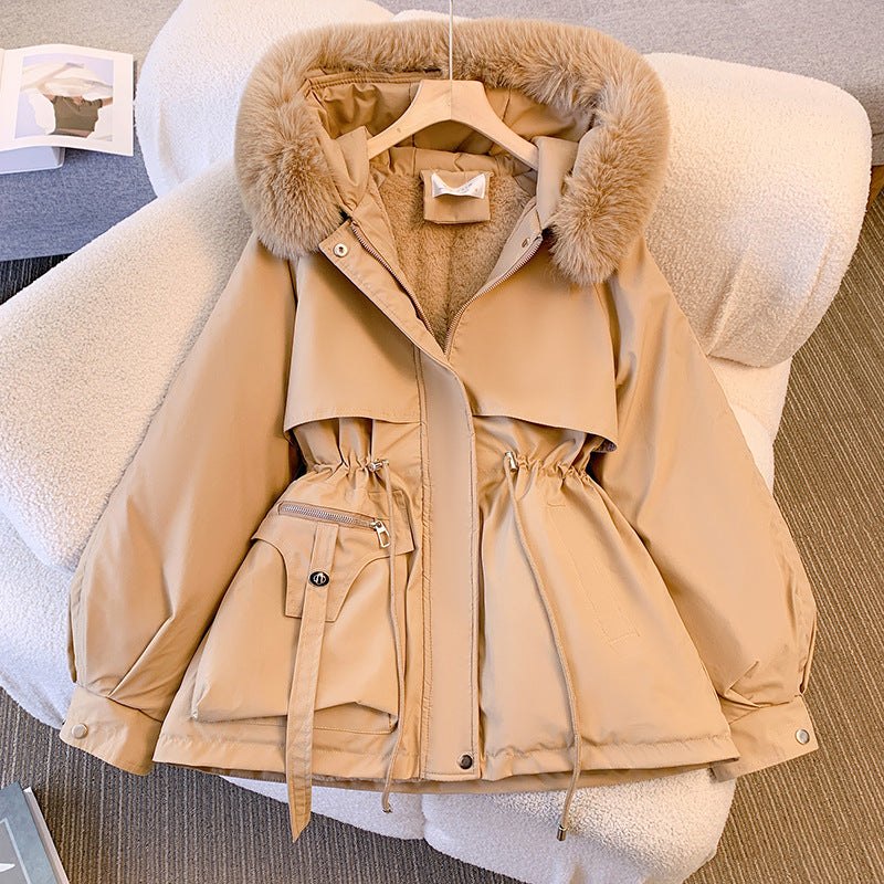 Comfortable White Winter Jacket for Women with Hooded Plush Relaxed Fit Layered Style