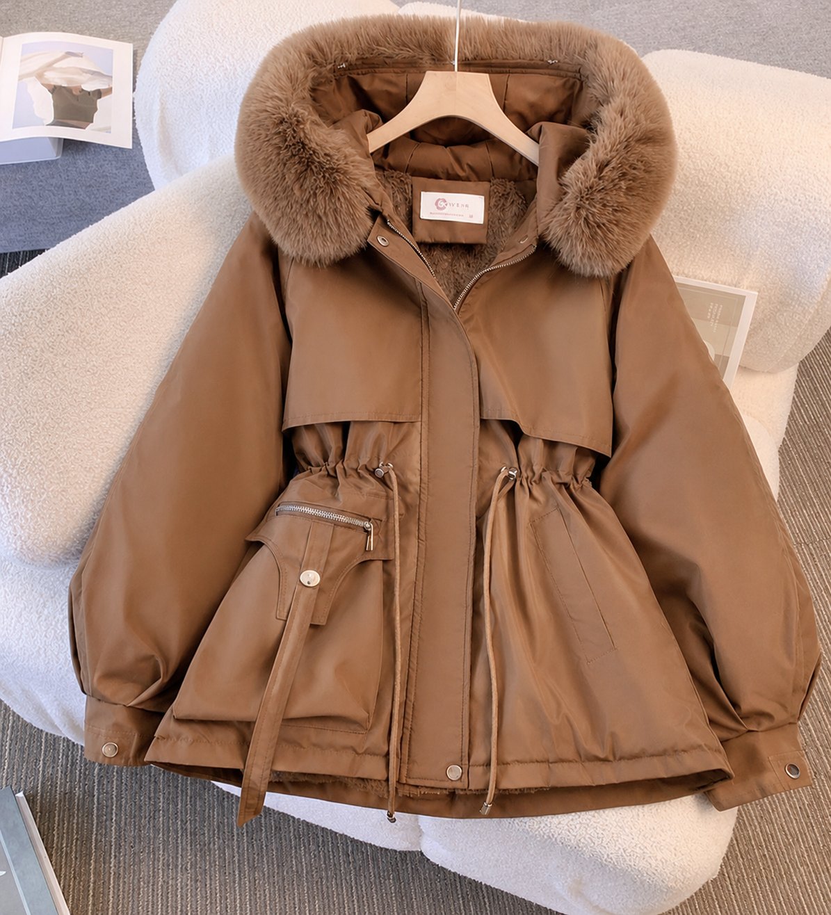 Comfortable White Winter Jacket for Women with Hooded Plush Relaxed Fit Layered Style