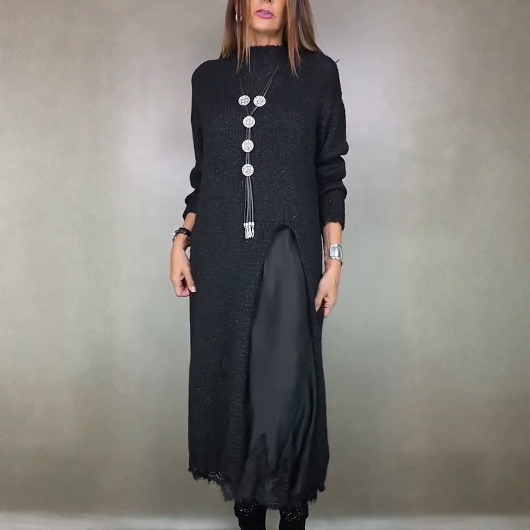 Elegant Black Long Sleeve Dress for Women with Long Sleeve Relaxed Fit Lace Trim Knit Party Style