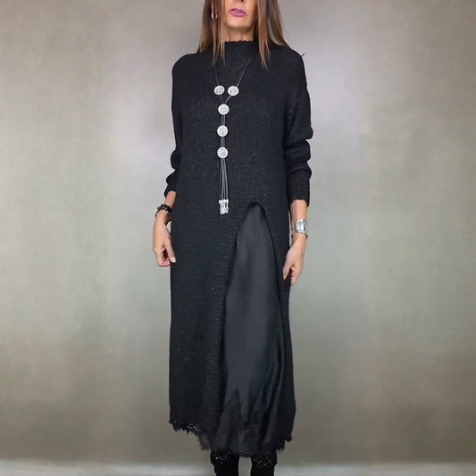 Elegant Black Long Sleeve Dress for Women with Long Sleeve Relaxed Fit Lace Trim Knit Party Style