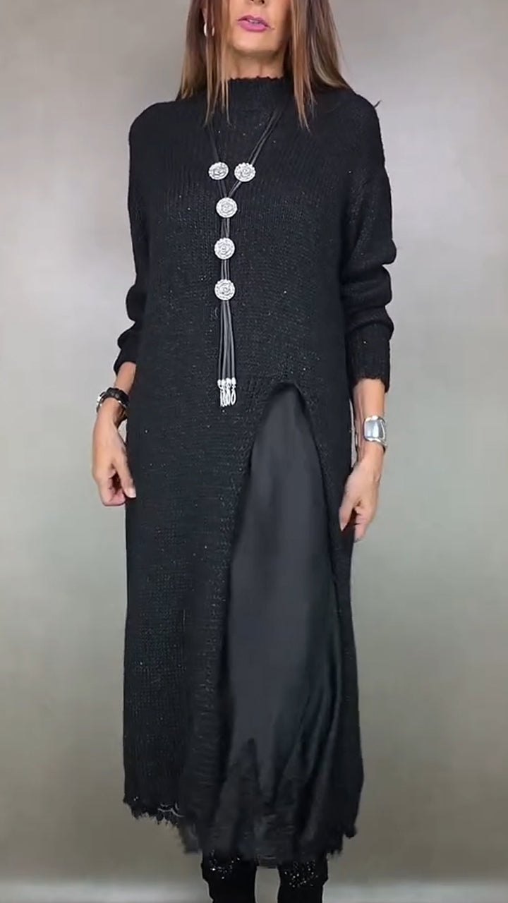 Elegant Black Long Sleeve Dress for Women with Long Sleeve Relaxed Fit Lace Trim Knit Party Style
