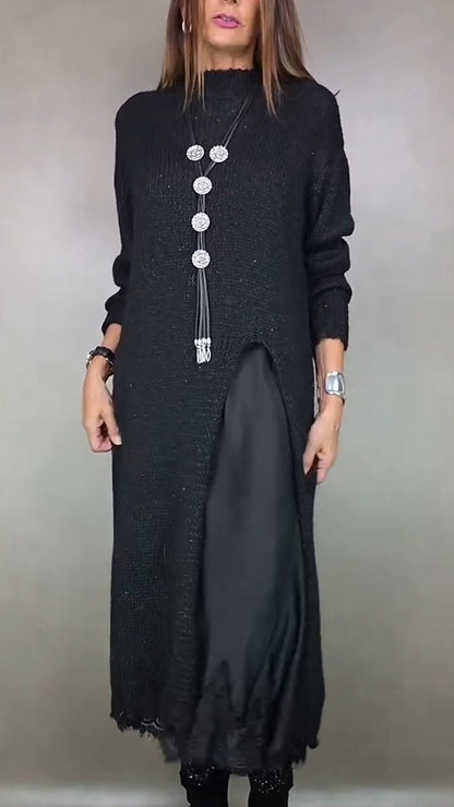 Elegant Black Long Sleeve Dress for Women with Long Sleeve Relaxed Fit Lace Trim Knit Party Style