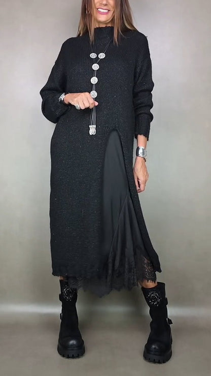 Elegant Black Long Sleeve Dress for Women with Long Sleeve Relaxed Fit Lace Trim Knit Party Style