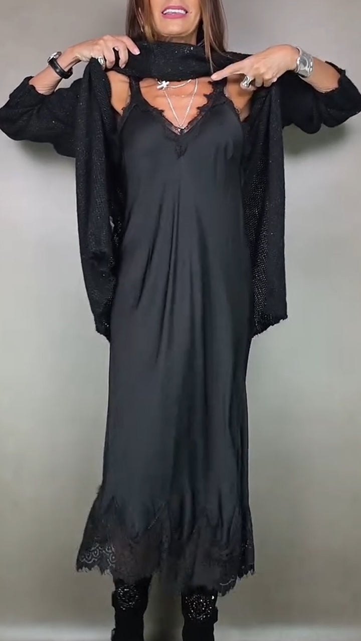 Elegant Black Long Sleeve Dress for Women with Long Sleeve Relaxed Fit Lace Trim Knit Party Style