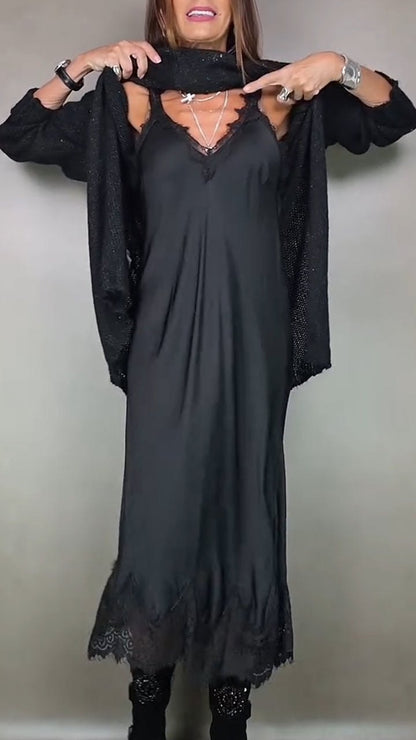 Elegant Black Long Sleeve Dress for Women with Long Sleeve Relaxed Fit Lace Trim Knit Party Style