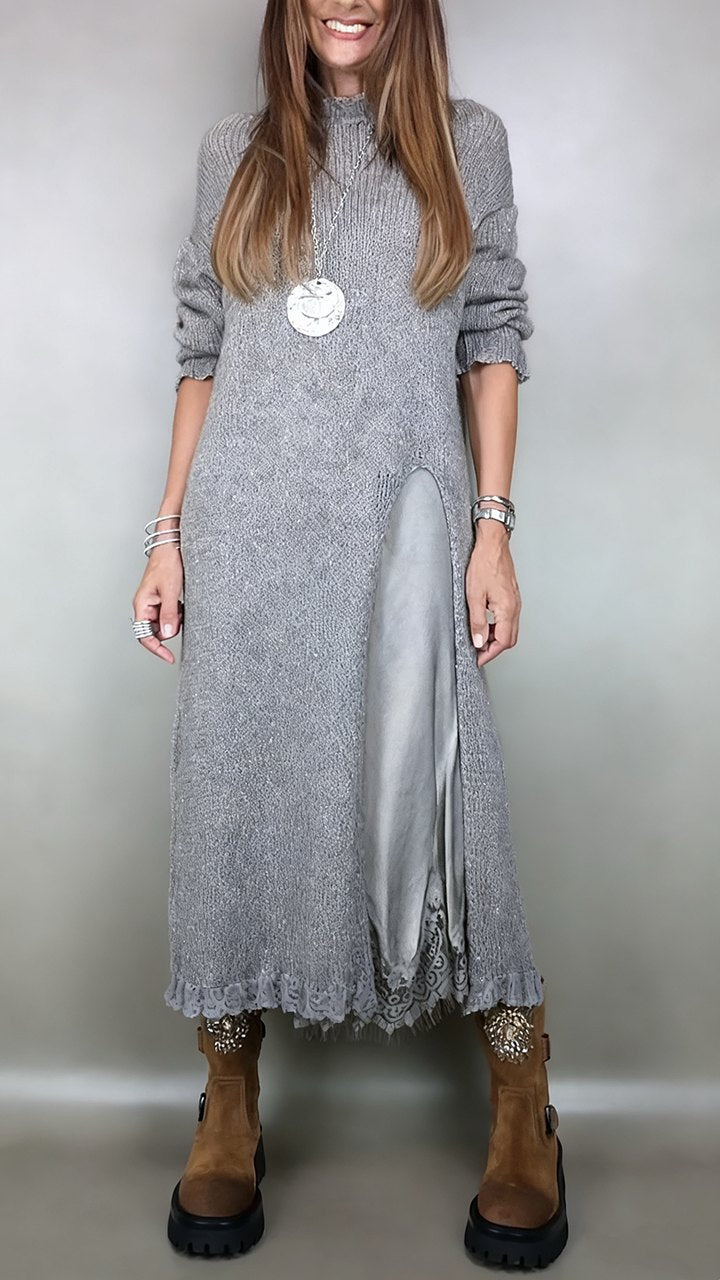 Elegant Black Long Sleeve Dress for Women with Long Sleeve Relaxed Fit Lace Trim Knit Party Style