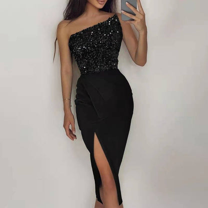 Elegant Black Sequin Dress for Women with One Shoulder Sleeveless Relaxed Fit Party Style