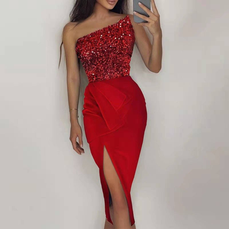 Elegant Black Sequin Dress for Women with One Shoulder Sleeveless Relaxed Fit Party Style