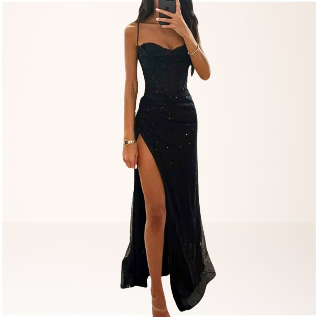 Elegant Black Sequin Dress for Women with Side Slit Relaxed Fit Everyday Wear Party Style
