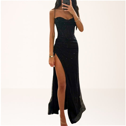 Elegant Black Sequin Dress for Women with Side Slit Relaxed Fit Everyday Wear Party Style