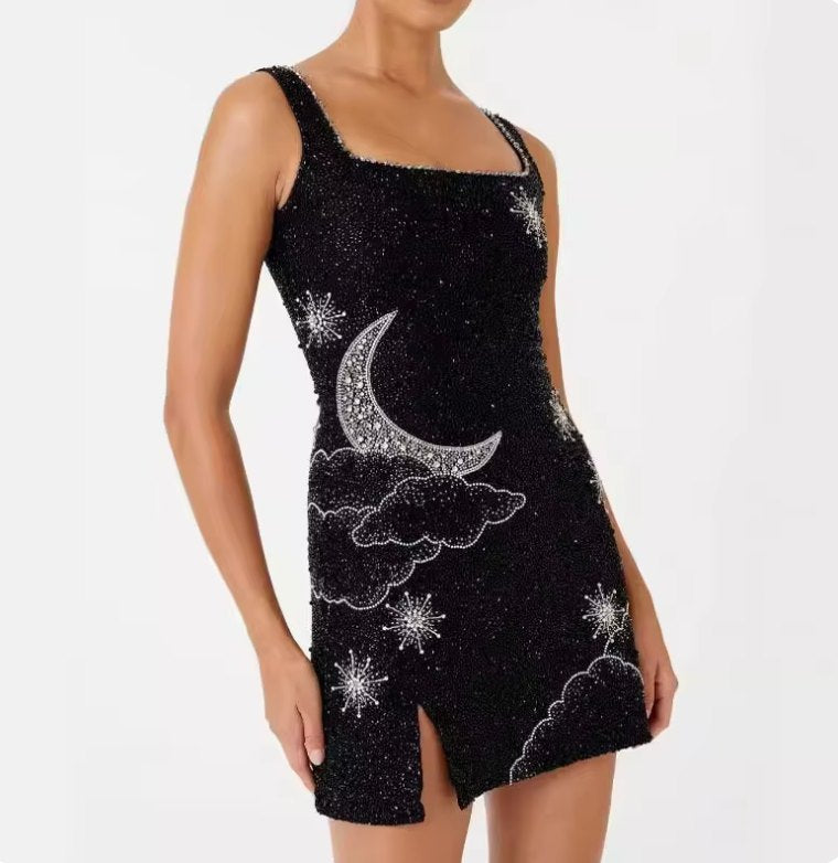 Elegant Black Sequin Dress for Women with Square Neck Side Slit Relaxed Fit Cocktail Style