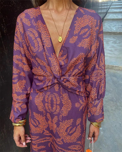Elegant Blue Long Sleeve Dress for Women with V Neck Long Sleeve Relaxed Fit Evening Style