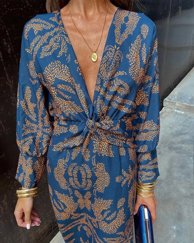Elegant Blue Long Sleeve Dress for Women with V Neck Long Sleeve Relaxed Fit Evening Style