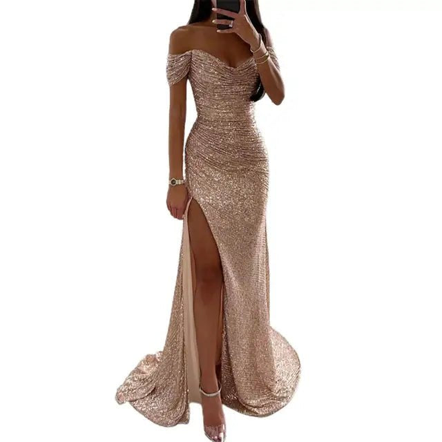 Elegant Blue Sequin Dress for Women with Sweetheart Neck Side Slit Relaxed Fit Evening Style