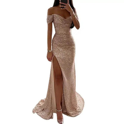 Elegant Blue Sequin Dress for Women with Sweetheart Neck Side Slit Relaxed Fit Evening Style