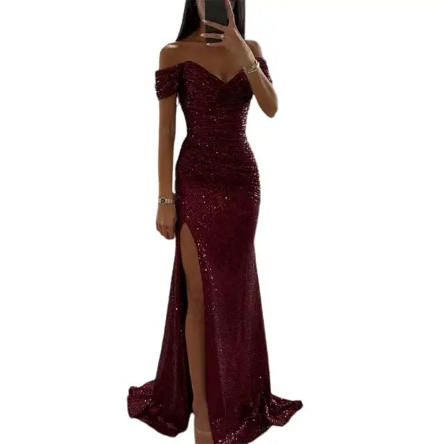 Elegant Blue Sequin Dress for Women with Sweetheart Neck Side Slit Relaxed Fit Evening Style