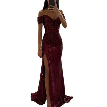 Elegant Blue Sequin Dress for Women with Sweetheart Neck Side Slit Relaxed Fit Evening Style