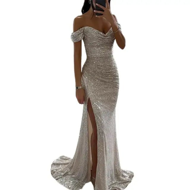 Elegant Blue Sequin Dress for Women with Sweetheart Neck Side Slit Relaxed Fit Evening Style