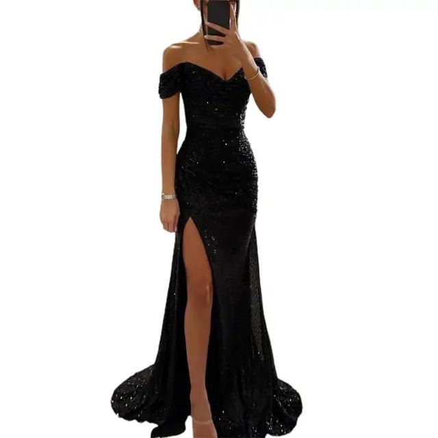 Elegant Blue Sequin Dress for Women with Sweetheart Neck Side Slit Relaxed Fit Evening Style