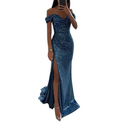 Elegant Blue Sequin Dress for Women with Sweetheart Neck Side Slit Relaxed Fit Evening Style