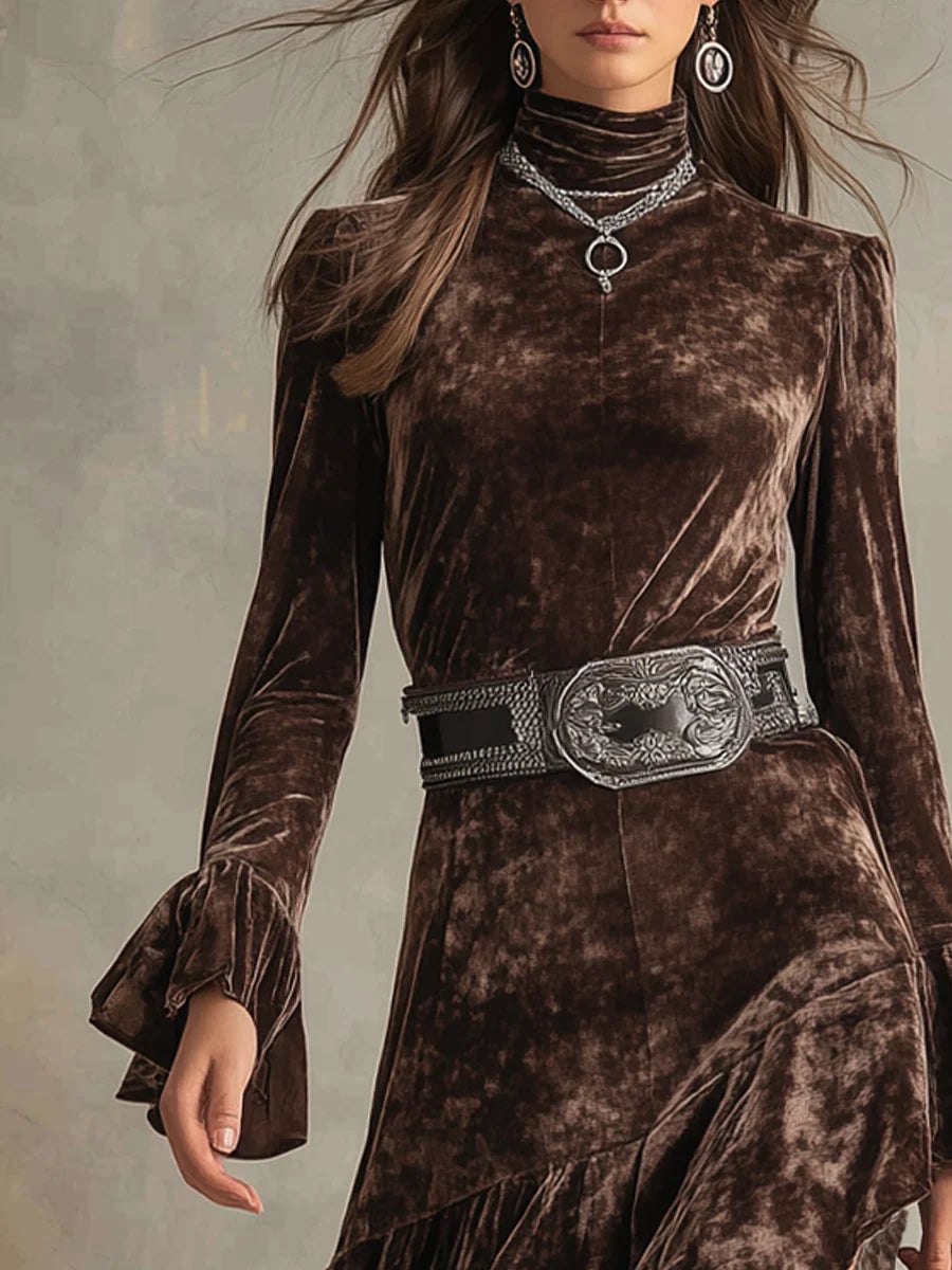 Elegant Coffee Long Sleeve Dress for Women with Long Sleeve Velvet Relaxed Fit Cocktail Style