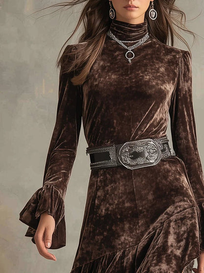 Elegant Coffee Long Sleeve Dress for Women with Long Sleeve Velvet Relaxed Fit Cocktail Style