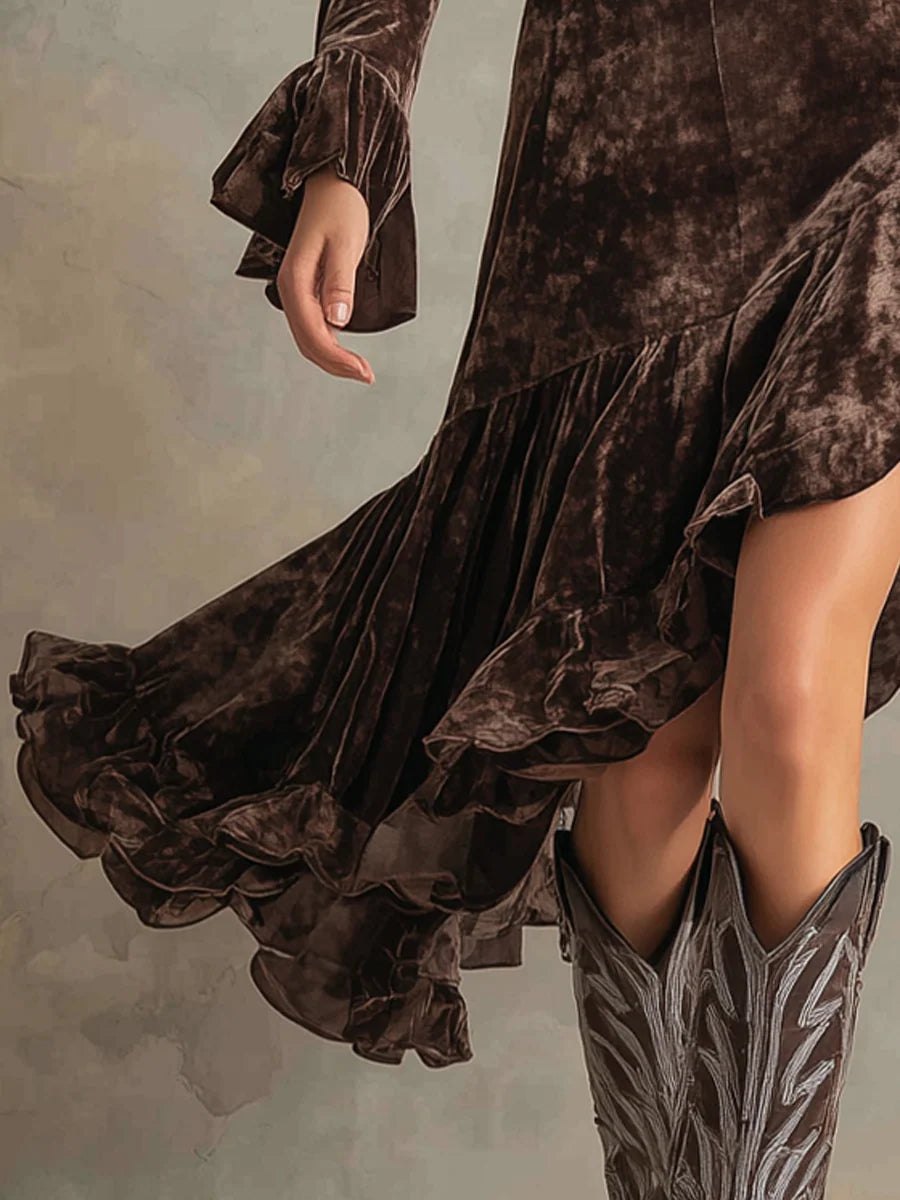 Elegant Coffee Long Sleeve Dress for Women with Long Sleeve Velvet Relaxed Fit Cocktail Style