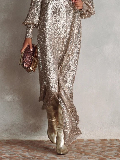 Elegant Gold Party Dress for Women with V Neck Relaxed Fit Everyday Wear Evening Style