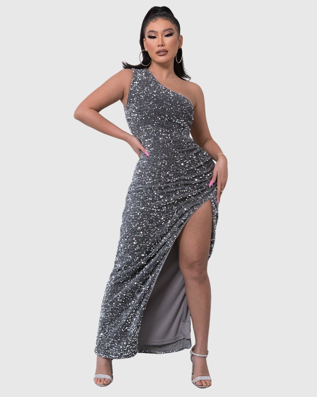 Elegant Gray Sequin Dress for Women with One Shoulder Side Slit Relaxed Fit Cocktail Style