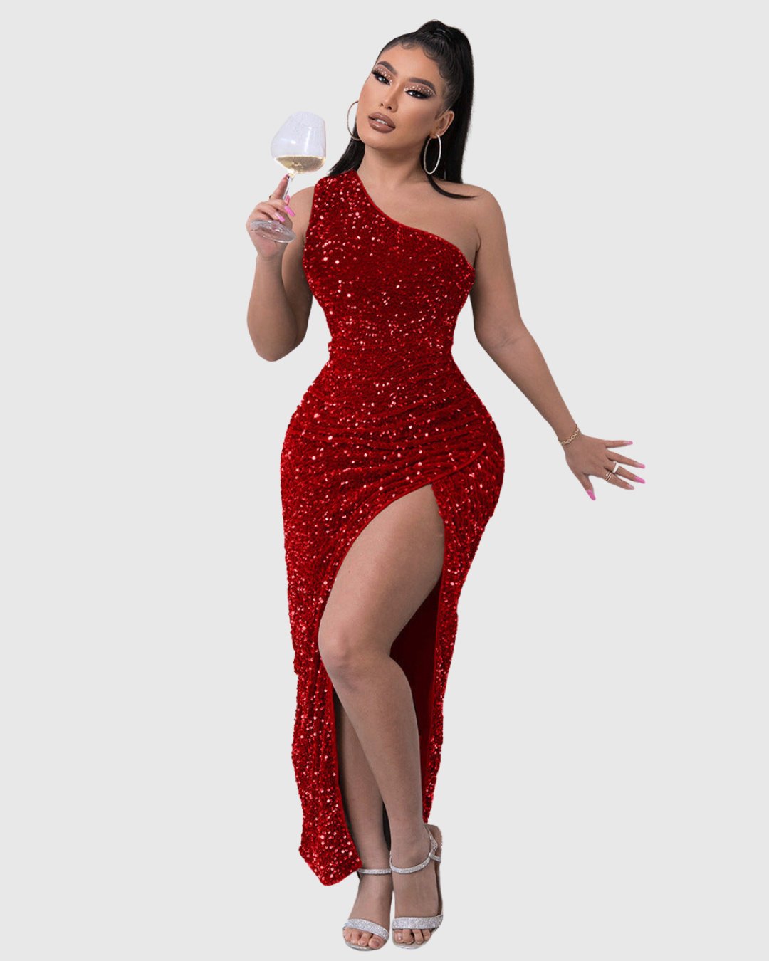 Elegant Gray Sequin Dress for Women with One Shoulder Side Slit Relaxed Fit Cocktail Style