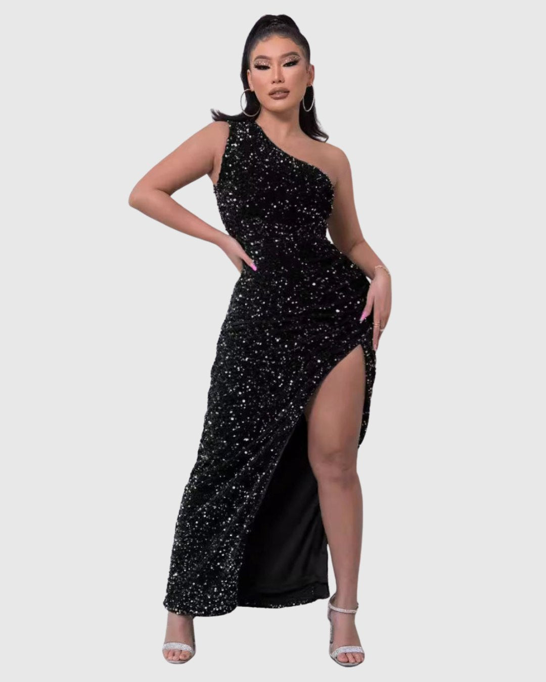 Elegant Gray Sequin Dress for Women with One Shoulder Side Slit Relaxed Fit Cocktail Style