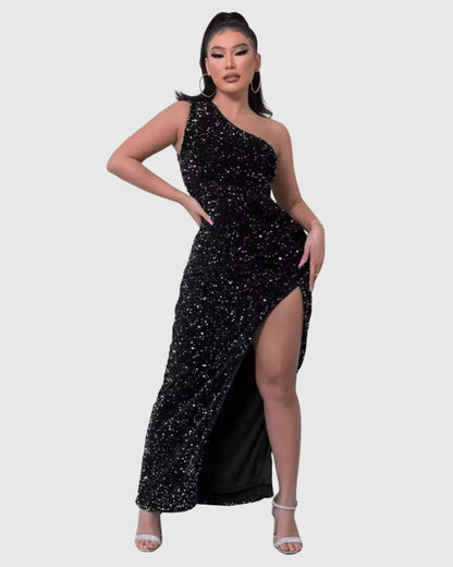 Elegant Gray Sequin Dress for Women with One Shoulder Side Slit Relaxed Fit Cocktail Style