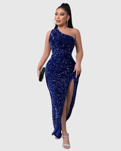 Elegant Gray Sequin Dress for Women with One Shoulder Side Slit Relaxed Fit Cocktail Style