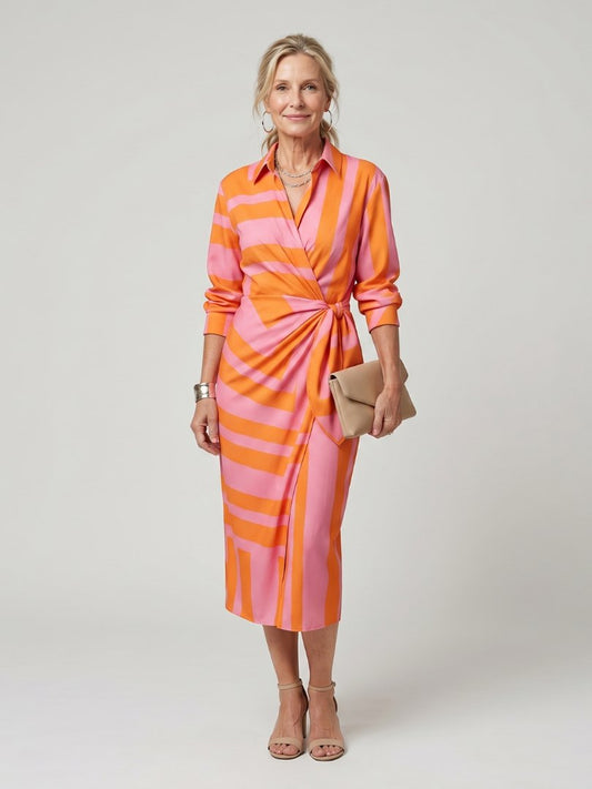 Elegant Green Long Sleeve Dress for Women with Collared Long Sleeve Wrap Front Plaid Occasion Style