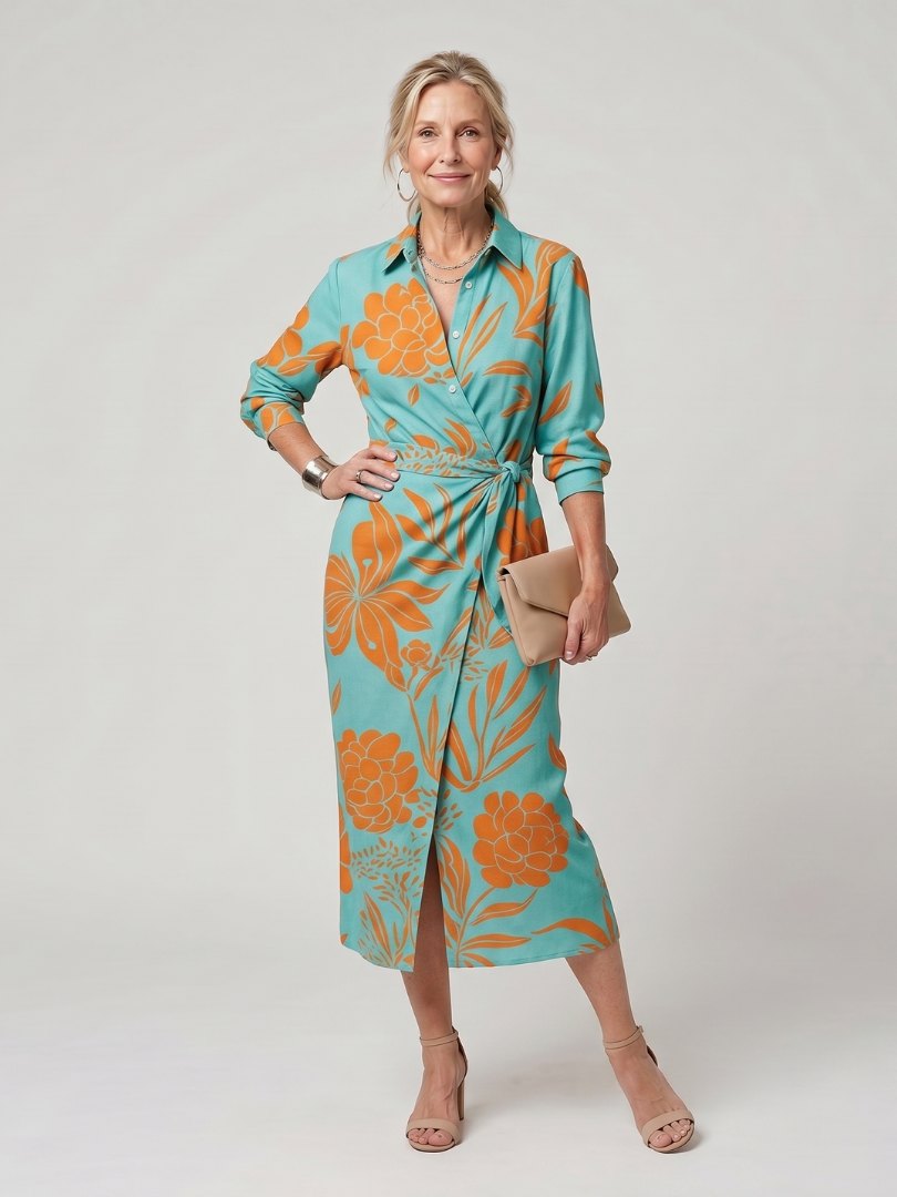 Elegant Green Long Sleeve Dress for Women with Collared Long Sleeve Wrap Front Plaid Occasion Style