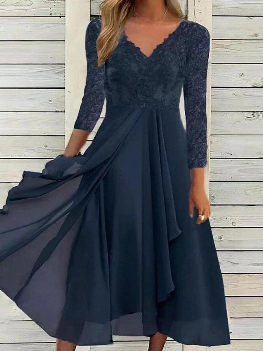 Elegant Navy Long Sleeve Dress for Women with V Neck Long Sleeve Plaid Evening Style