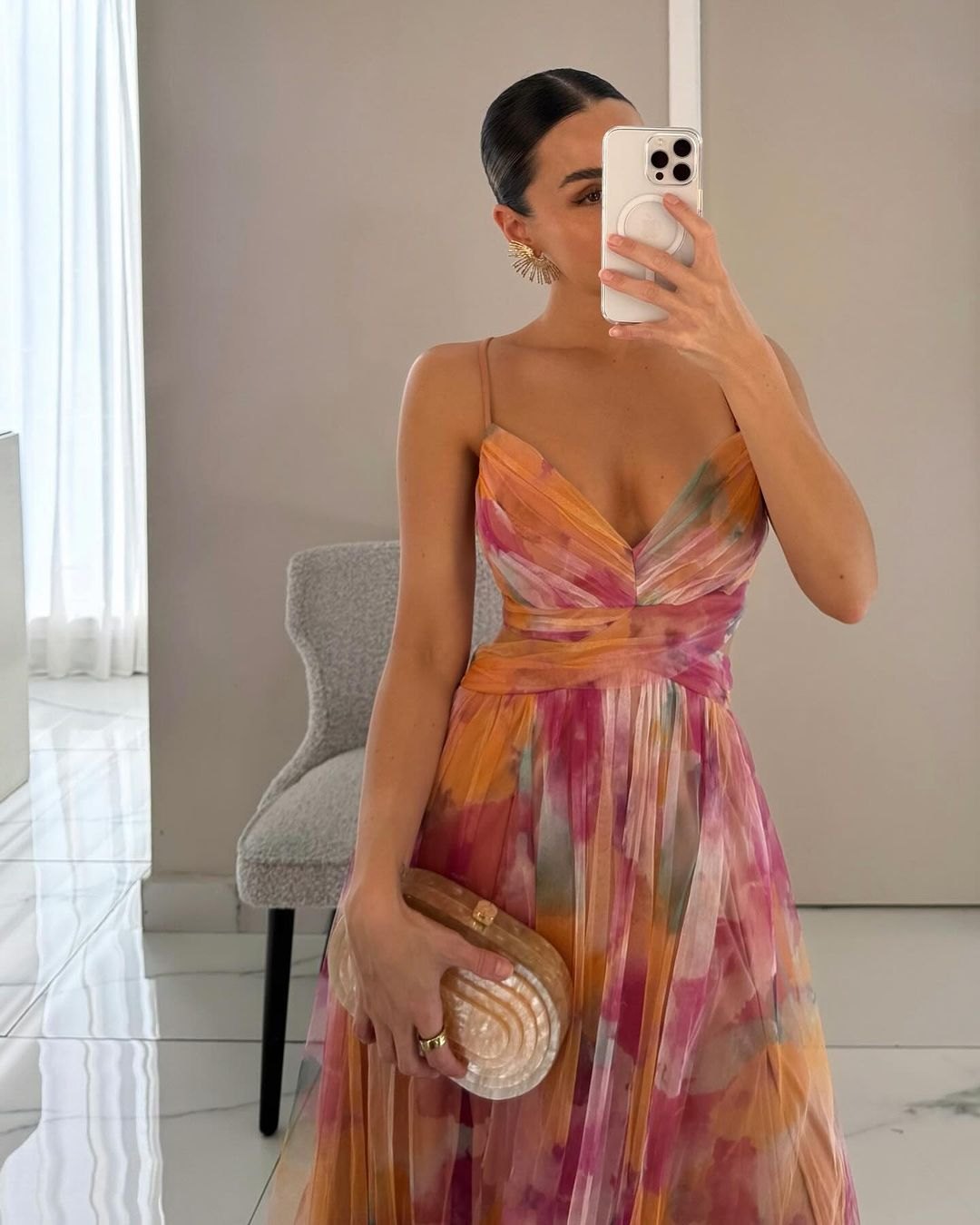Elegant Orange Party Dress for Women with Wrap Front Floral Print Relaxed Fit Cocktail Style