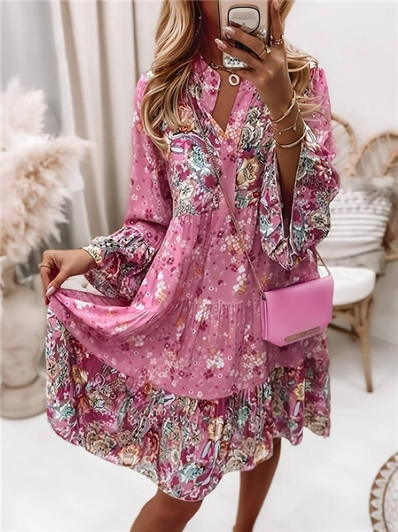 Elegant Pink Long Sleeve Dress for Women with V Neck Long Sleeve Floral Print Knit Cocktail Style