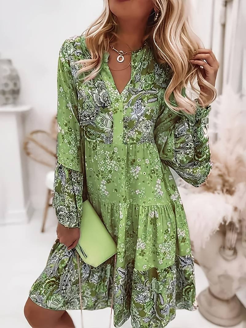 Elegant Pink Long Sleeve Dress for Women with V Neck Long Sleeve Floral Print Knit Cocktail Style