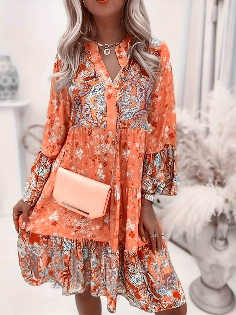 Elegant Pink Long Sleeve Dress for Women with V Neck Long Sleeve Floral Print Knit Cocktail Style