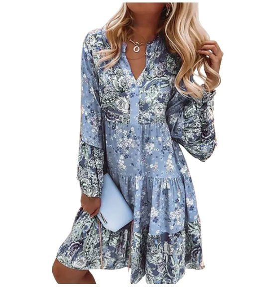 Elegant Pink Long Sleeve Dress for Women with V Neck Long Sleeve Floral Print Knit Cocktail Style