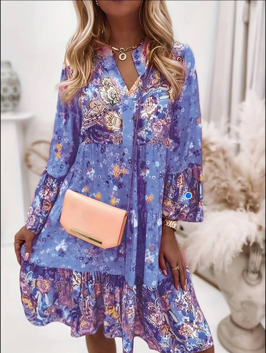 Elegant Pink Long Sleeve Dress for Women with V Neck Long Sleeve Floral Print Knit Cocktail Style