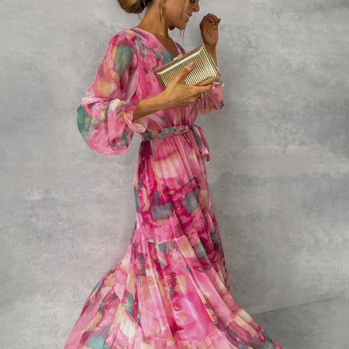 Elegant Pink Party Dress for Women with Long Sleeve Wrap Front Floral Print Party Style