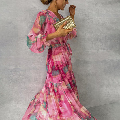 Elegant Pink Party Dress for Women with Long Sleeve Wrap Front Floral Print Party Style
