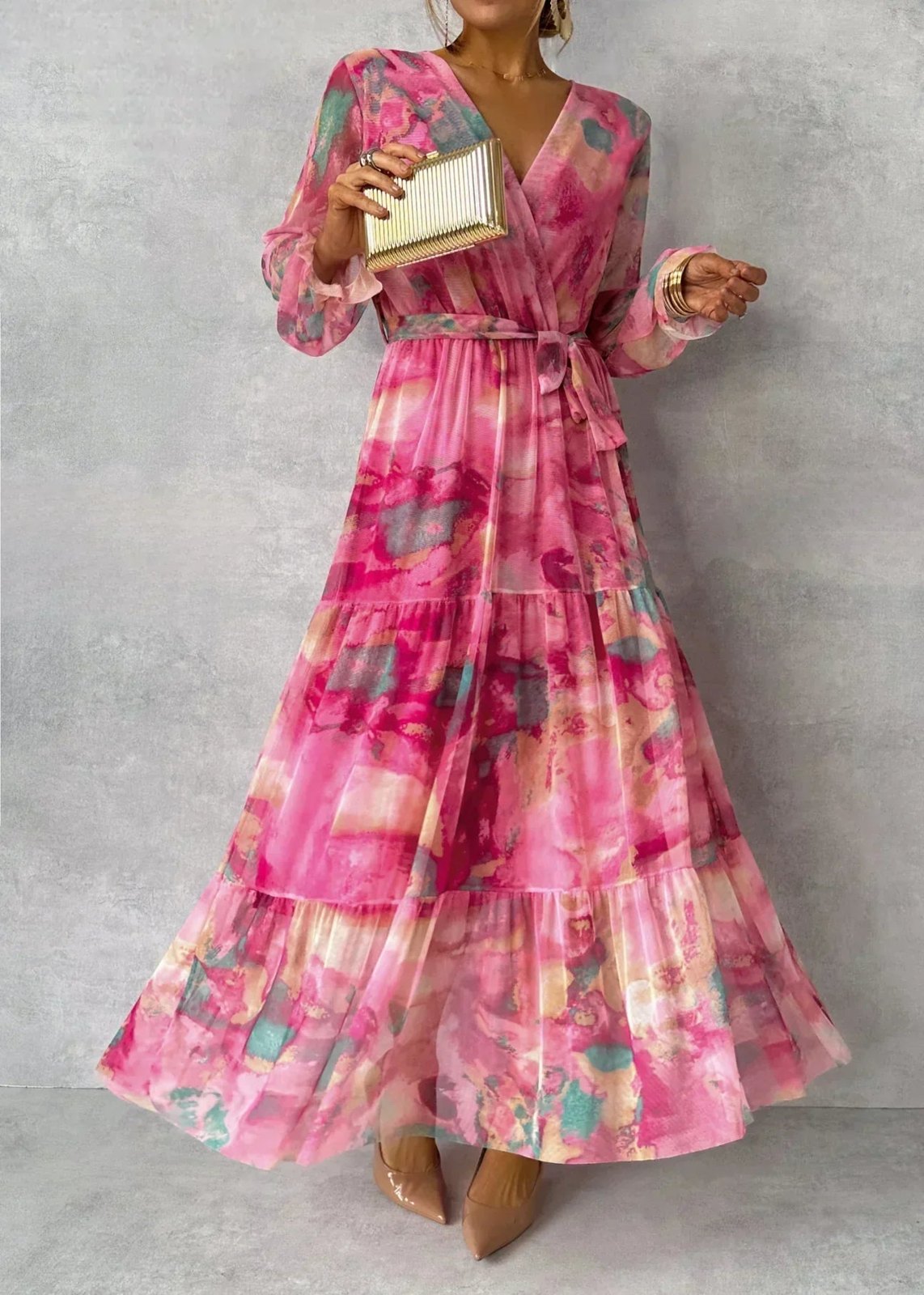 Elegant Pink Party Dress for Women with Long Sleeve Wrap Front Floral Print Party Style