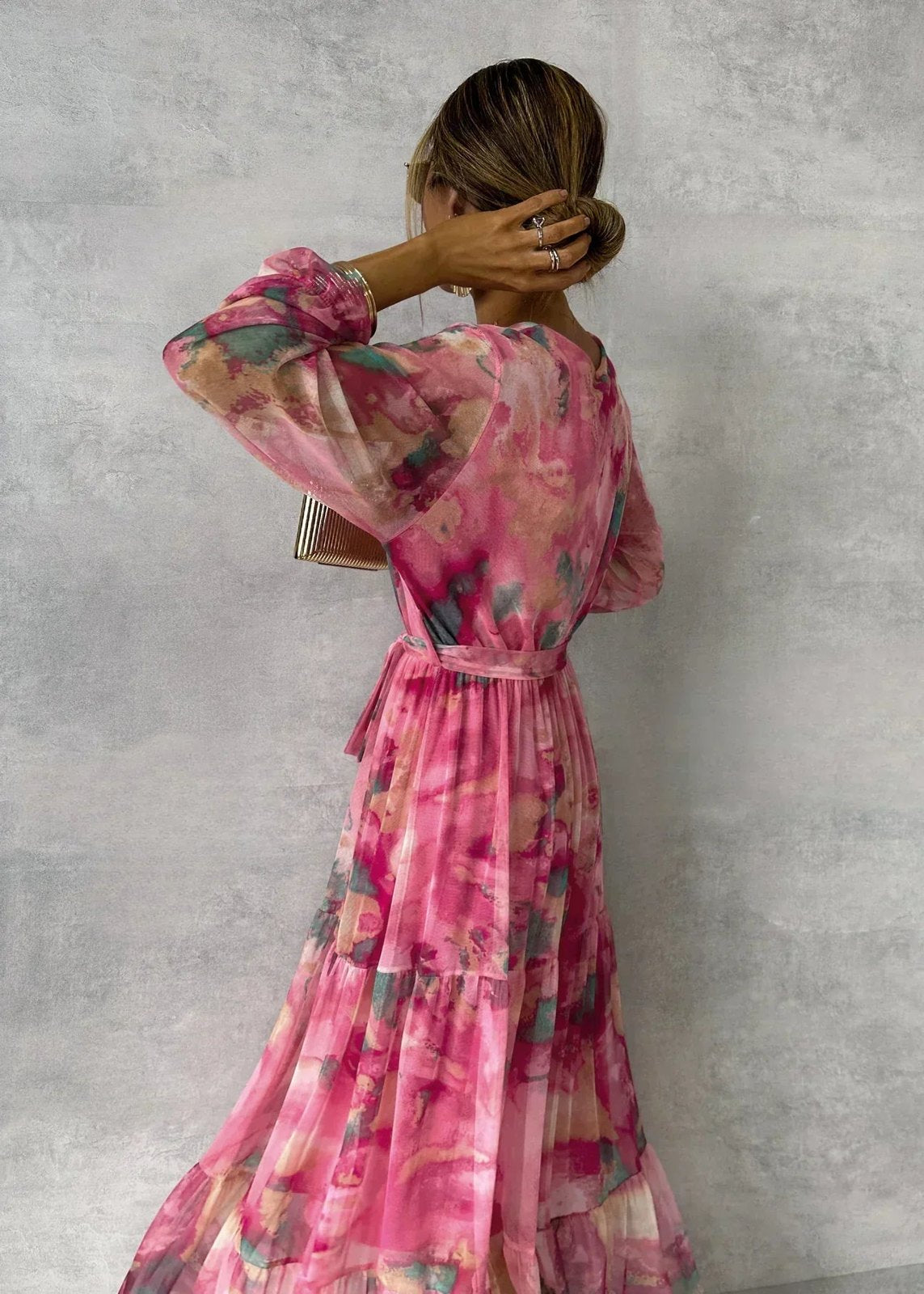 Elegant Pink Party Dress for Women with Long Sleeve Wrap Front Floral Print Party Style