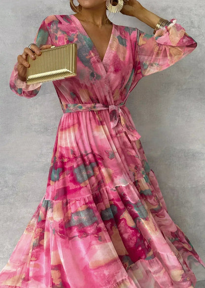 Elegant Pink Party Dress for Women with Long Sleeve Wrap Front Floral Print Party Style