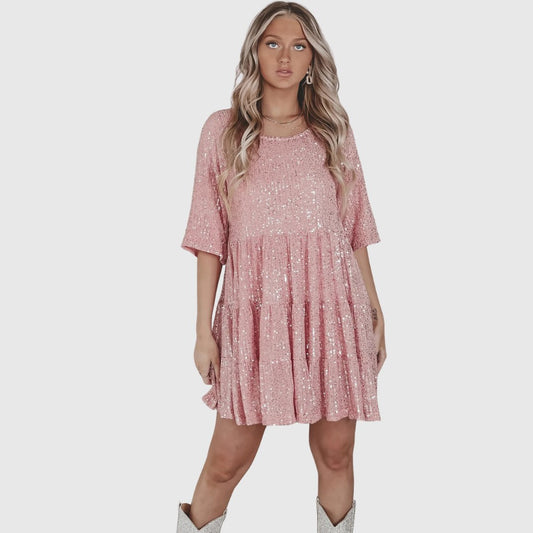 Elegant Pink Sequin Dress for Women with Relaxed Fit Everyday Wear Soft Finish Evening Style
